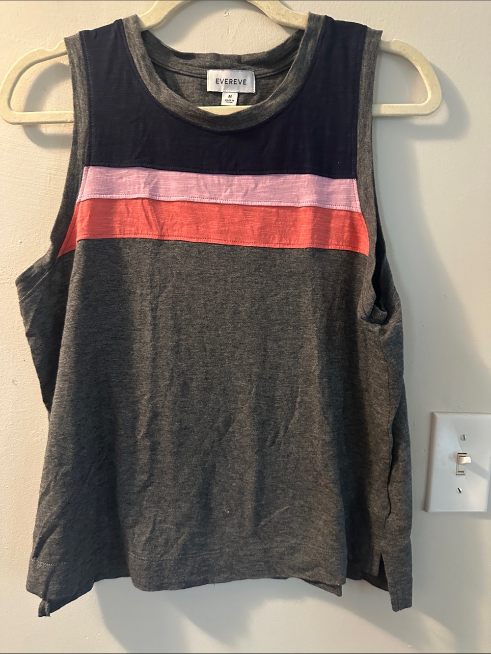 Evereve Charcoal Tank with Navy Yoke and Pink-Coral Stripes